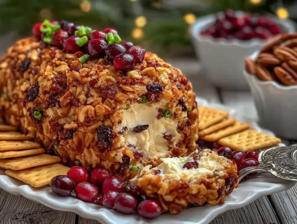 creamy cranberry pecan bacon ranch cheeseball - featured image