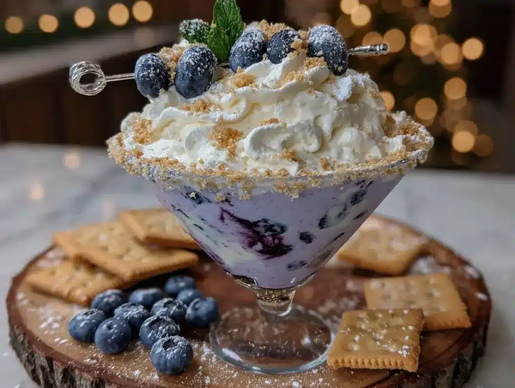 creamy frosted blueberry cheesecake martini - featured image