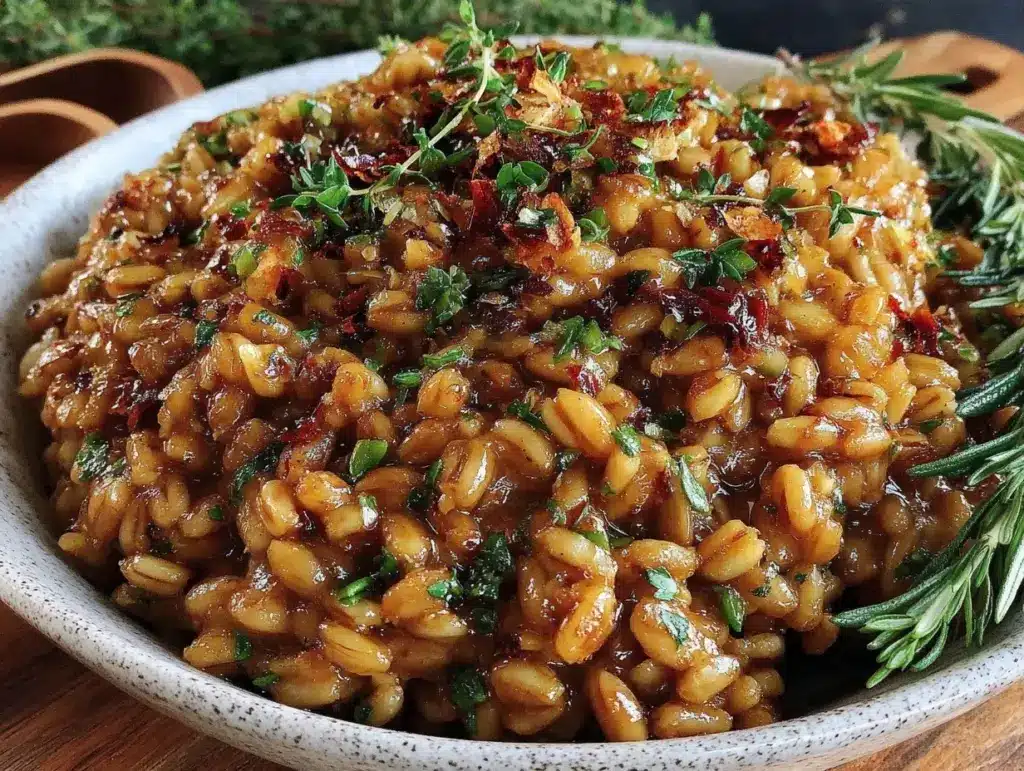 creamy garlic parmesan farro bowl - featured image