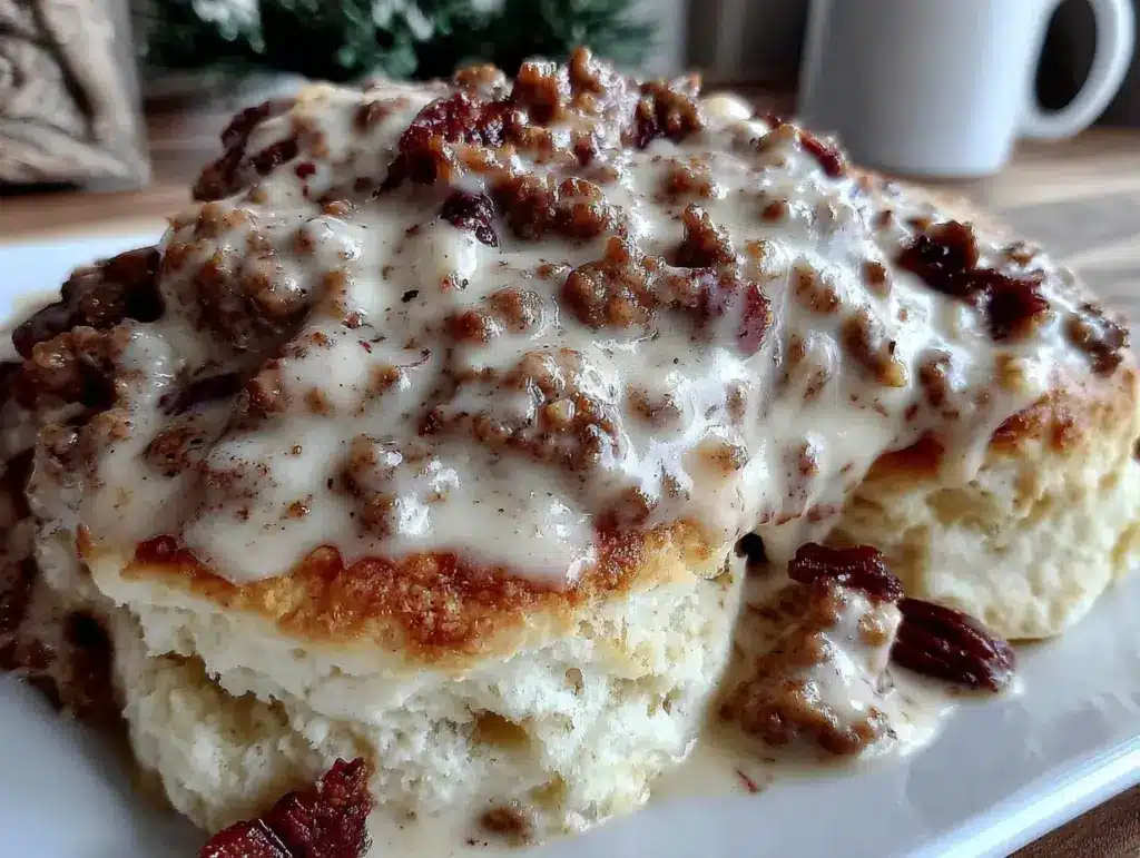 creamy sausage gravy over fluffy buttermilk biscuits - featured image