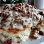 creamy sausage gravy over fluffy buttermilk biscuits - featured image