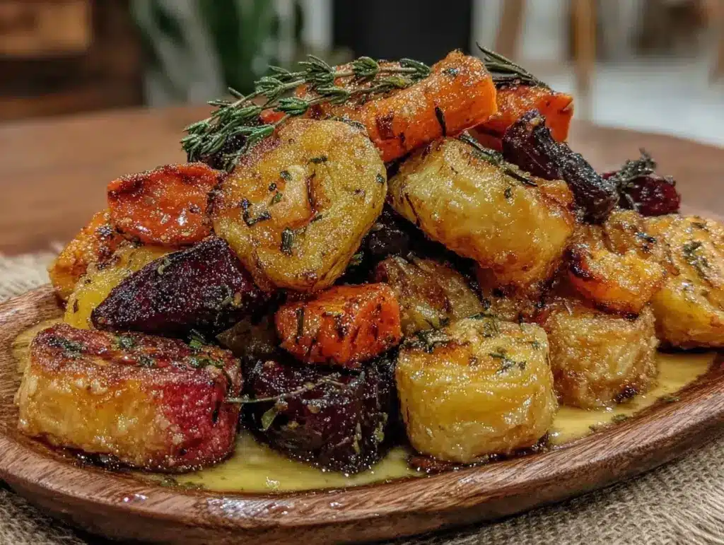 crispy honey roasted root vegetables - featured image