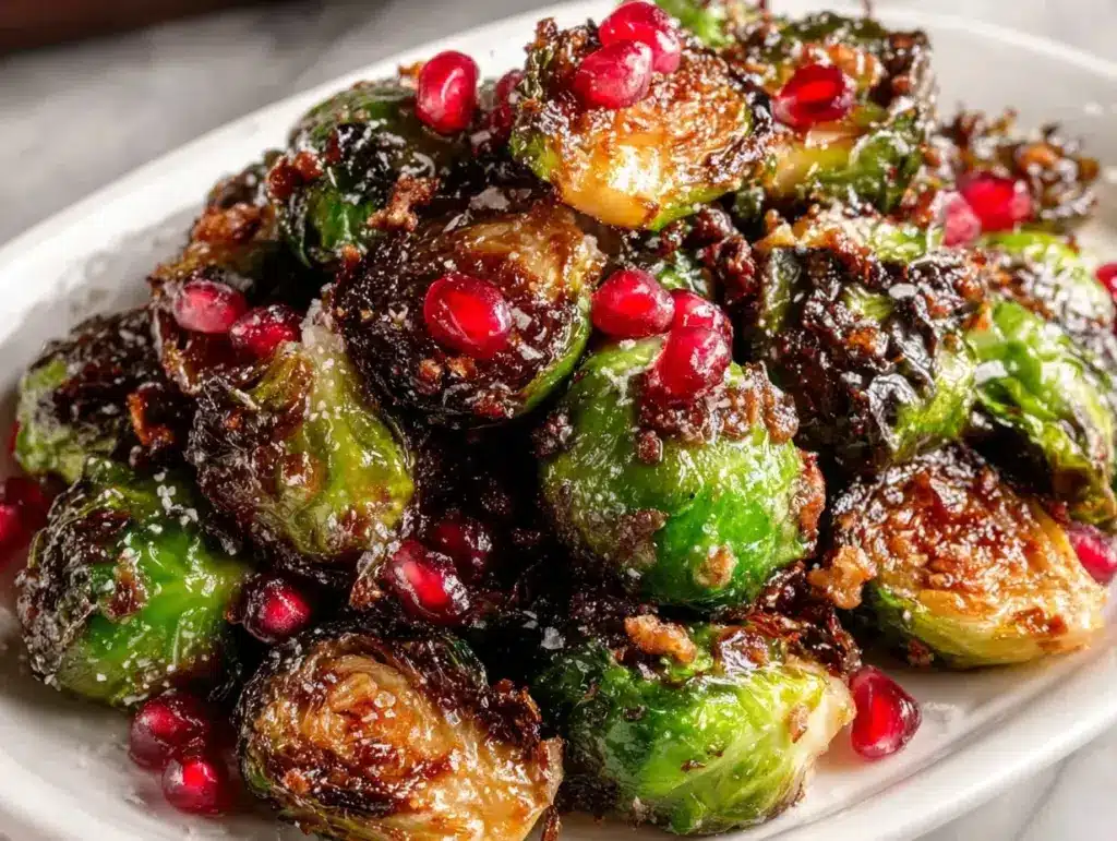 crispy pomegranate-hazelnut roasted Brussels sprouts - featured image