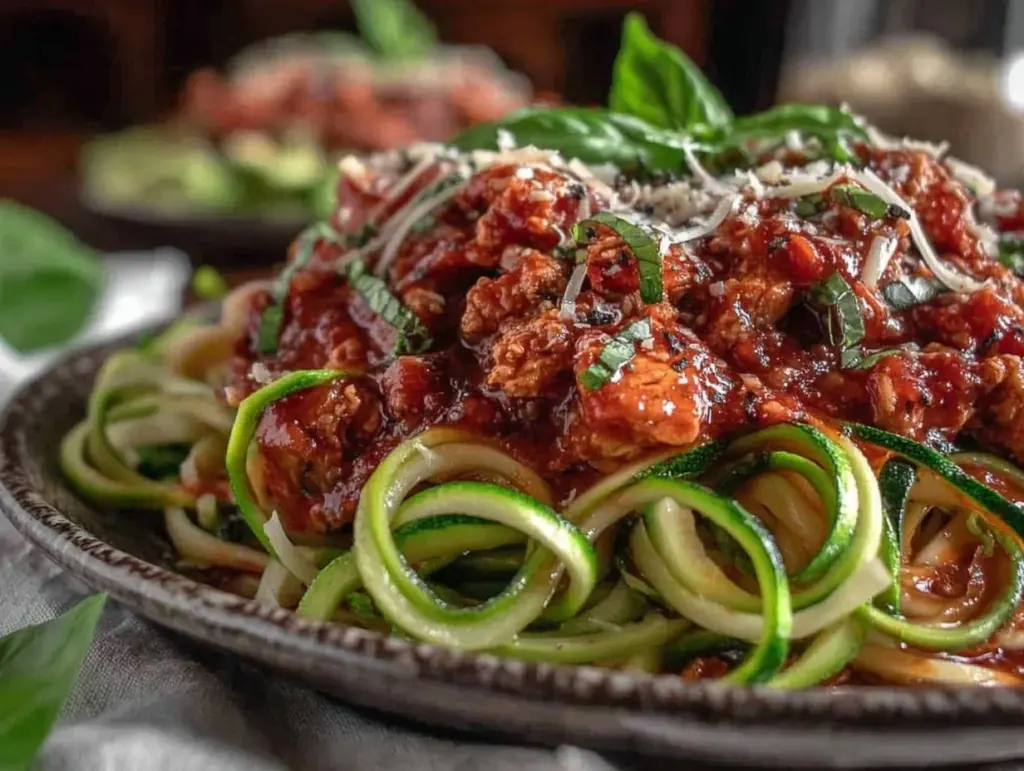 zucchini noodles with turkey bolognese - featured image