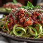zucchini noodles with turkey bolognese - featured image
