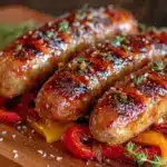 juicy grilled bratwurst with peppers - featured image