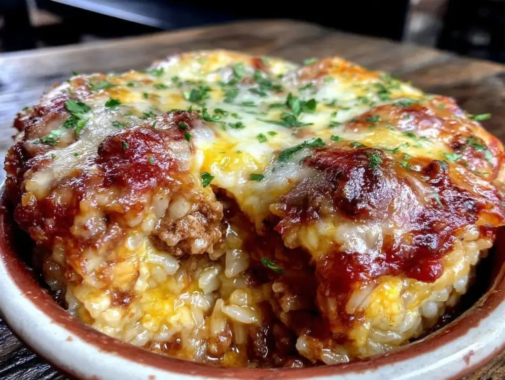 cozy cheesy beef and rice casserole - featured image
