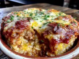 cozy cheesy beef and rice casserole - featured image