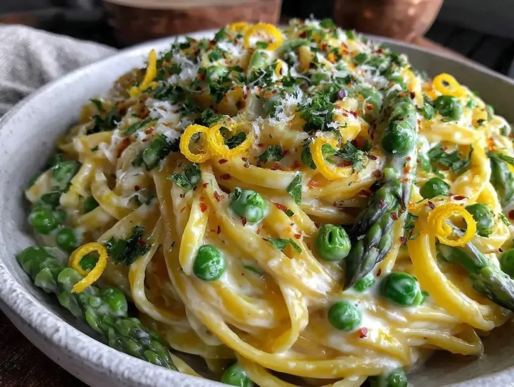 creamy asparagus and pea fettuccine - featured image