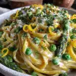 creamy asparagus and pea fettuccine - featured image