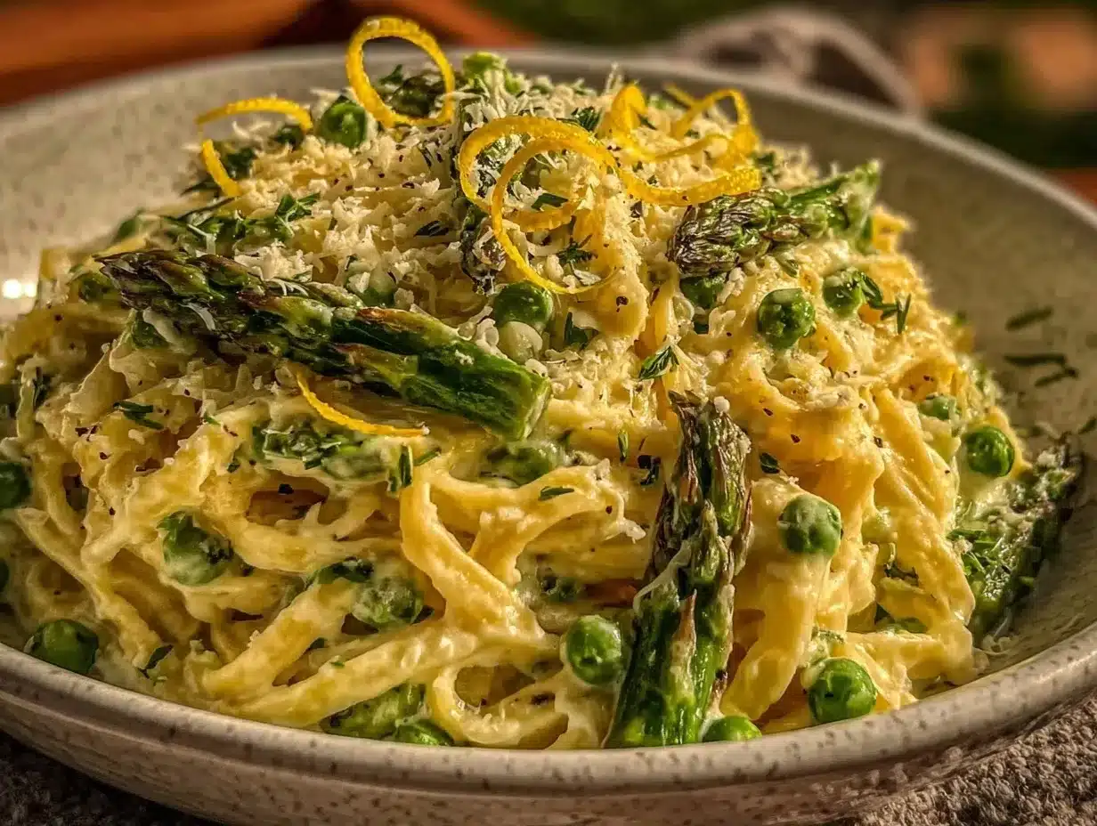 creamy asparagus and pea fettuccine preparation steps