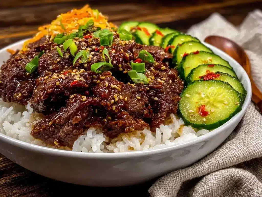 easy korean beef rice bowls - featured image