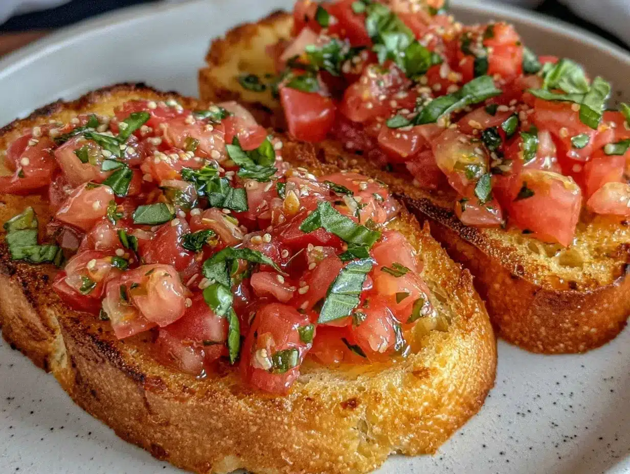 fresh bruschetta with tomatoes and basil preparation steps