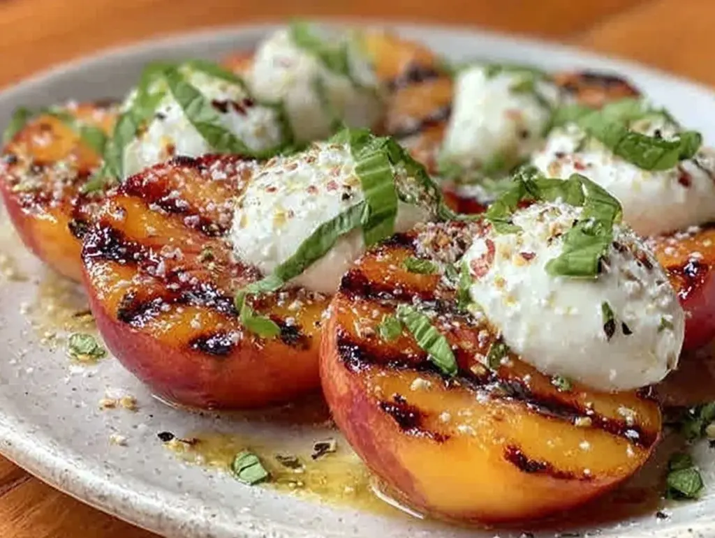 fresh grilled peach and burrata caprese salad - featured image