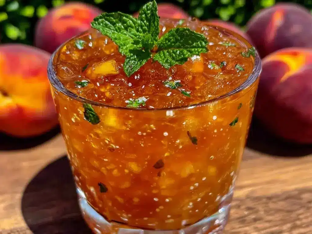 peach bourbon smash cocktail - featured image