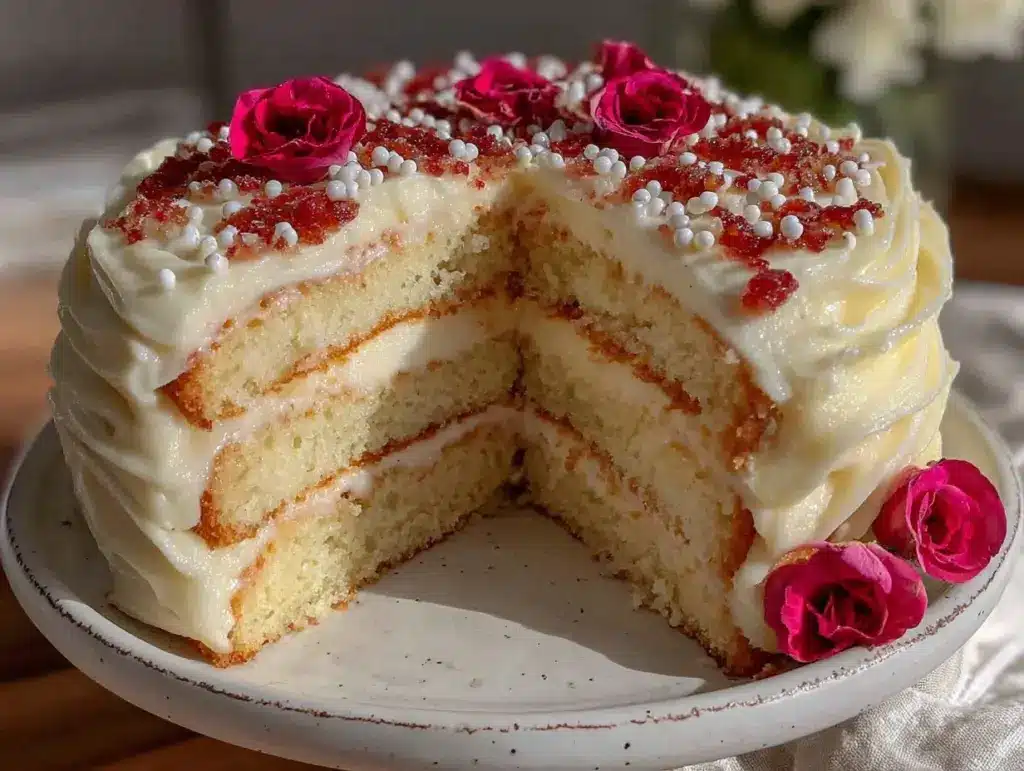 rose and champagne layer cake - featured image