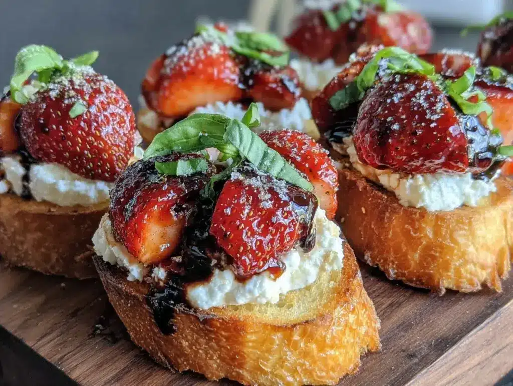 balsamic roasted strawberry goat cheese crostini - featured image