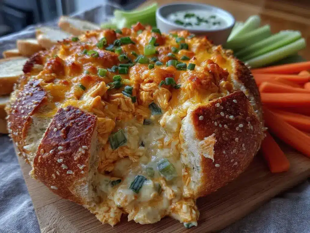 buffalo chicken dip stuffed bread bowl - featured image