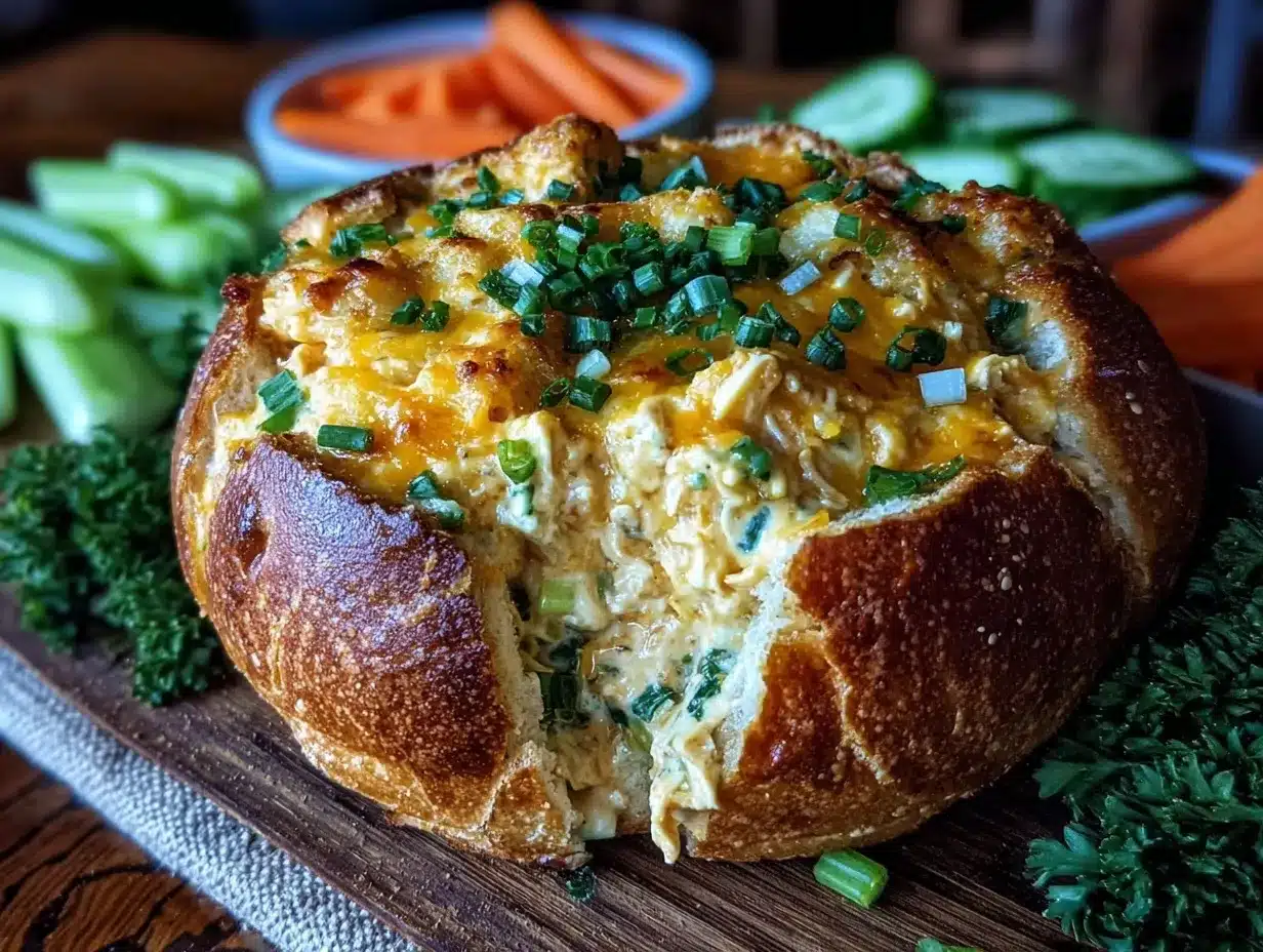 buffalo chicken dip stuffed bread bowl preparation steps