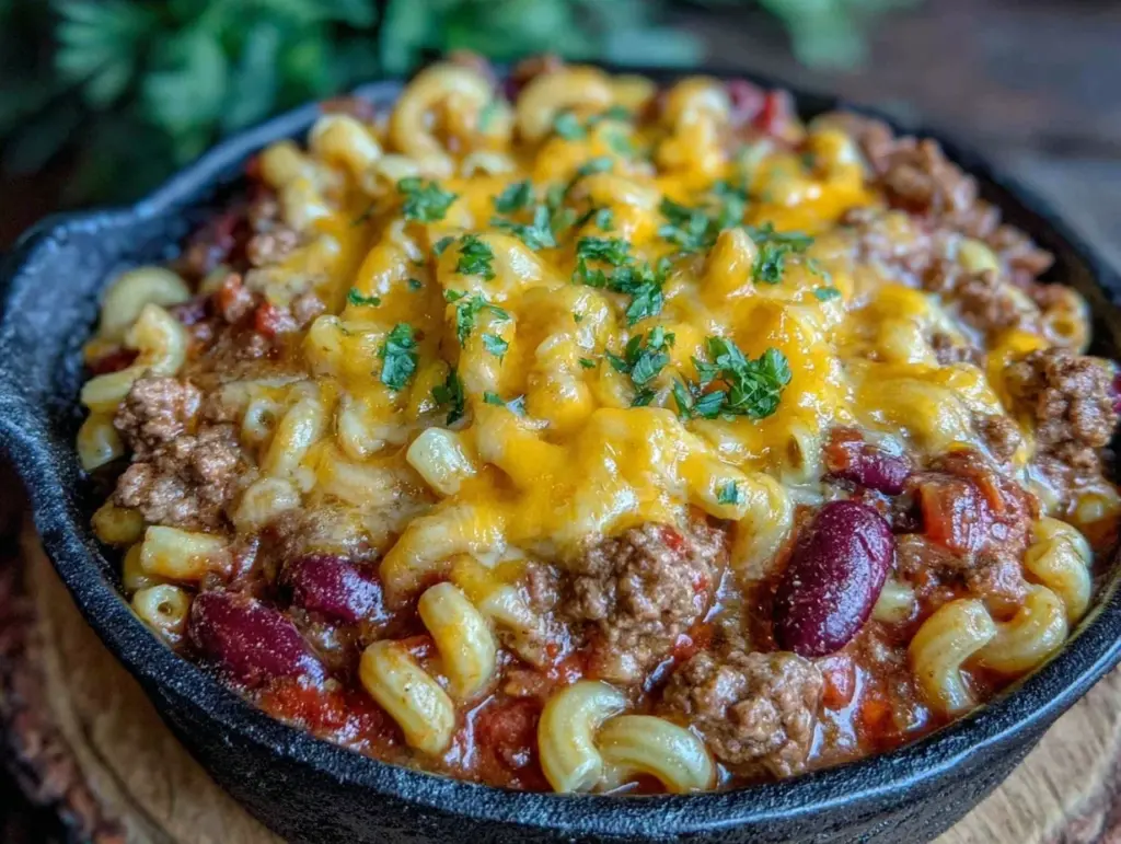 cozy dutch oven campfire chili mac - featured image