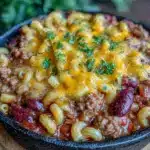 cozy dutch oven campfire chili mac - featured image