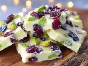 creamy white chocolate cranberry pistachio bark - featured image