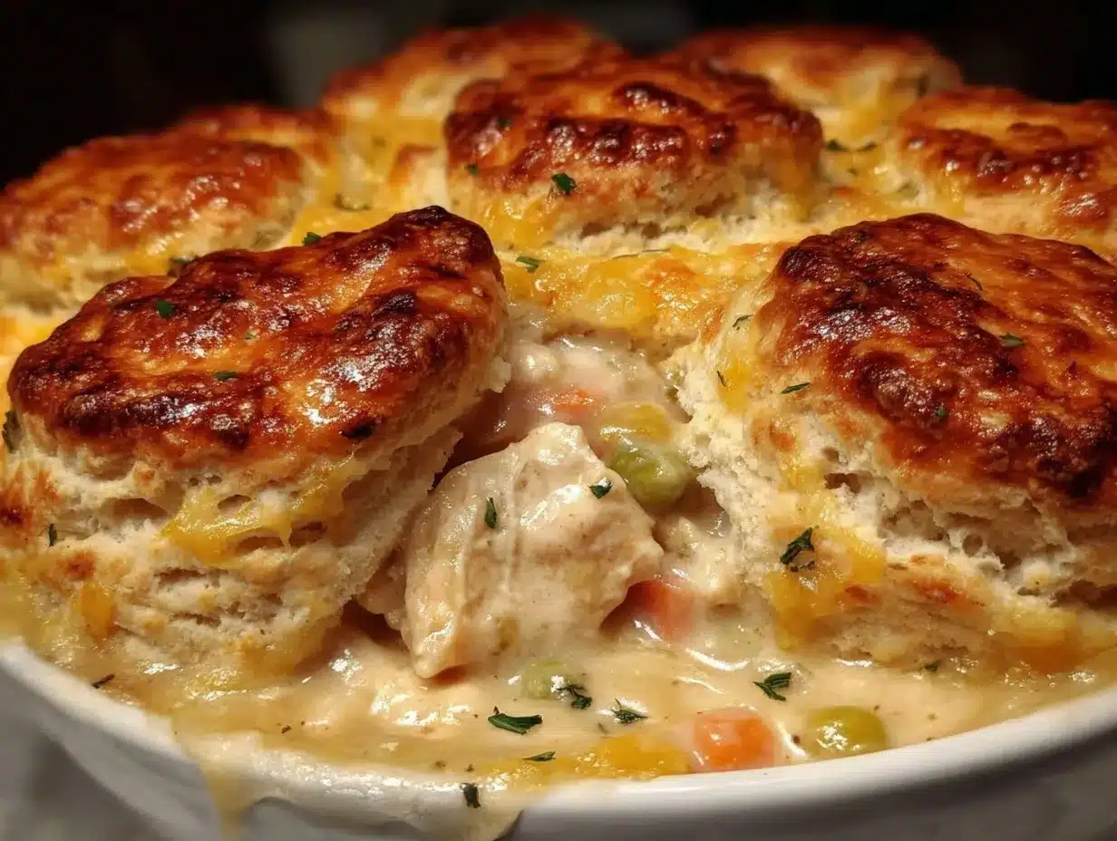 crispy biscuit-topped chicken pot pie casserole preparation steps
