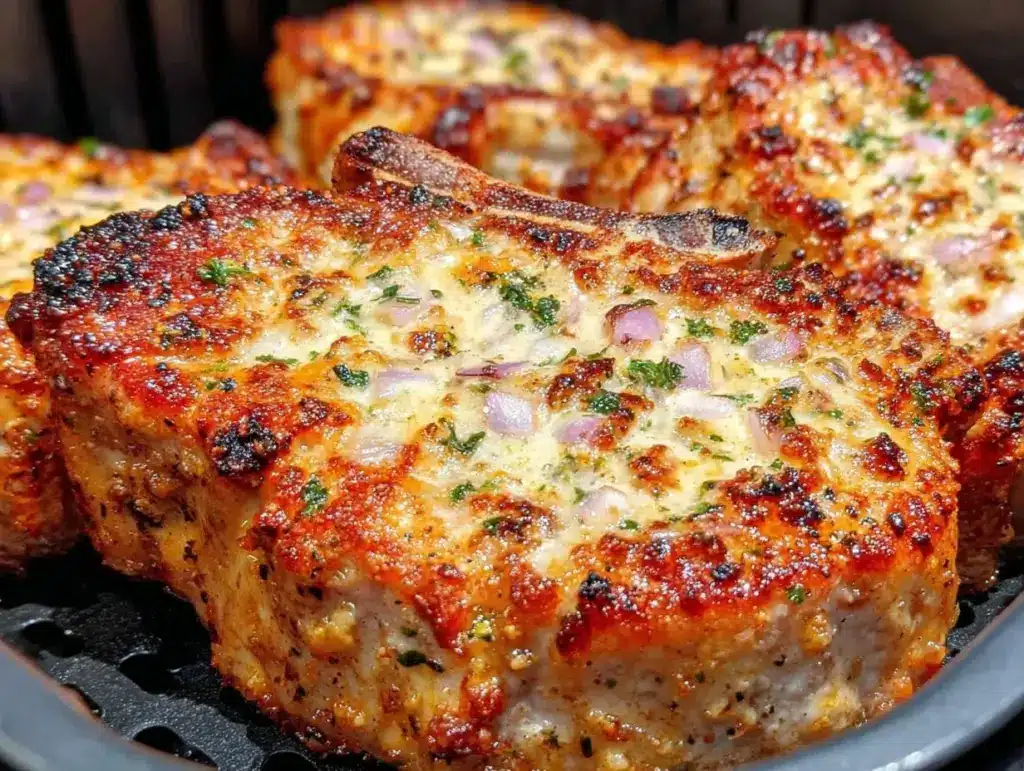 crispy garlic parmesan air fryer pork chops - featured image