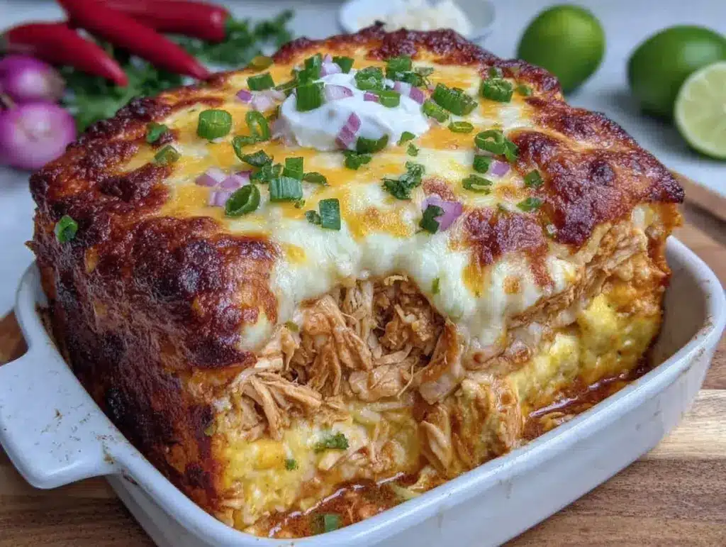 easy cheesy chicken enchilada casserole - featured image