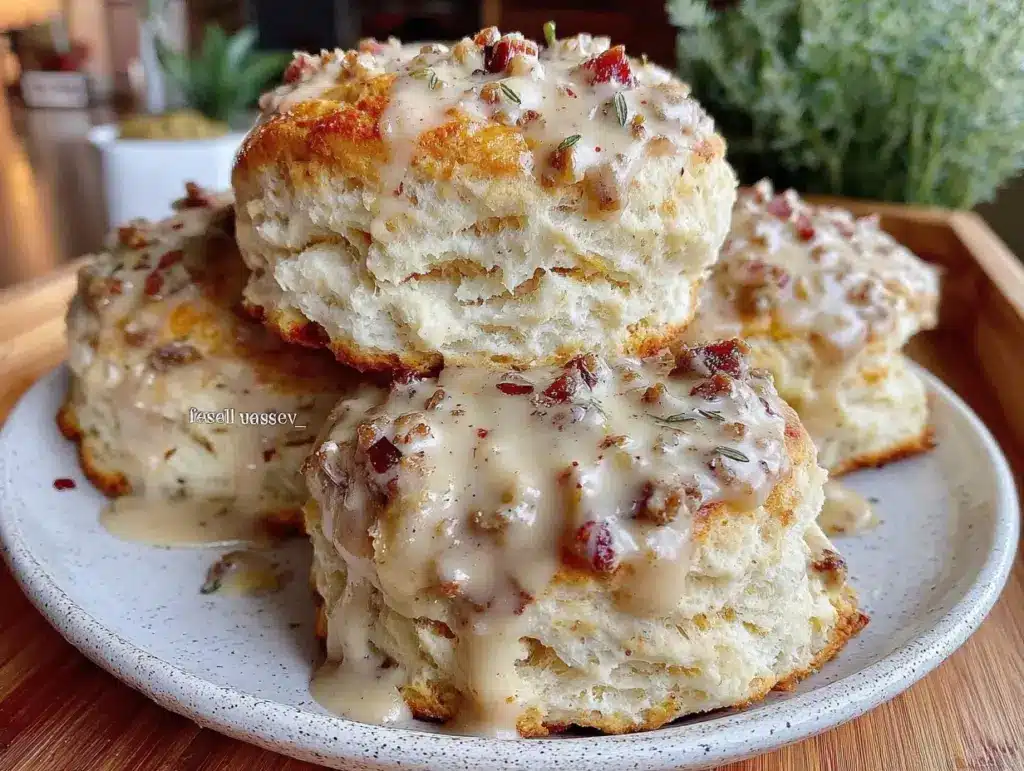 fluffy buttermilk biscuits with creamy sausage gravy - featured image