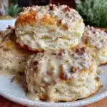fluffy buttermilk biscuits with creamy sausage gravy - featured image