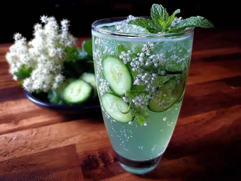 fresh sparkling cucumber elderflower spritz mocktail - featured image