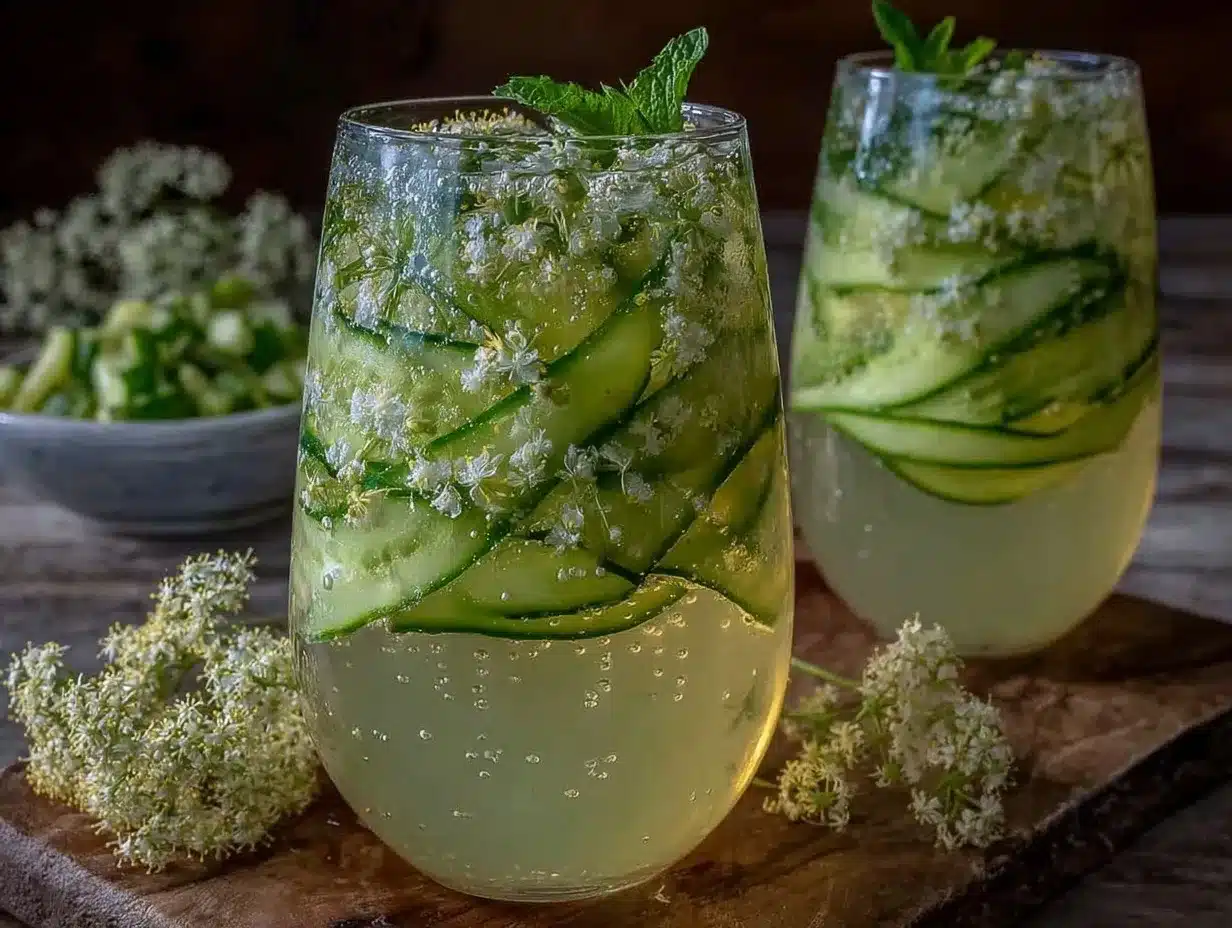 fresh sparkling cucumber elderflower spritz mocktail preparation steps