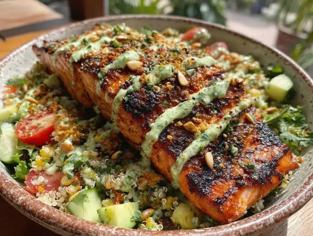 healthy grilled salmon quinoa bowl - featured image