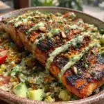 healthy grilled salmon quinoa bowl - featured image