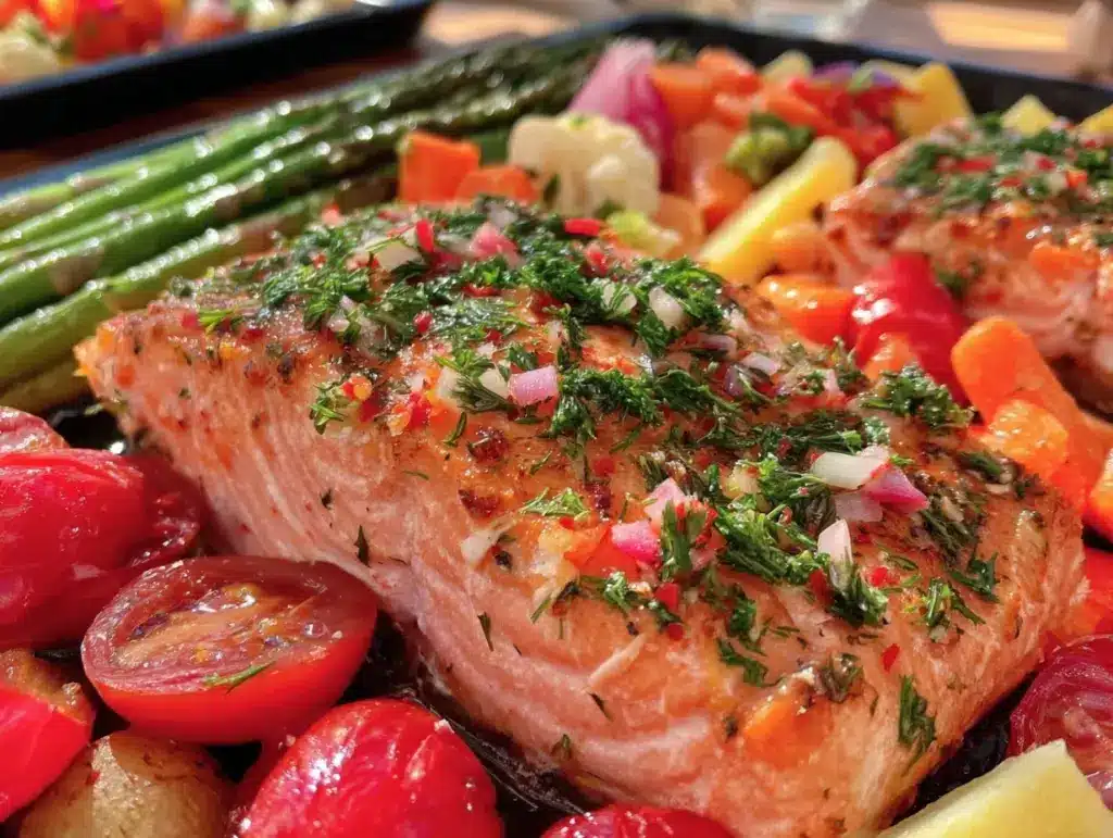 herbed salmon with sheet pan spring vegetables - featured image