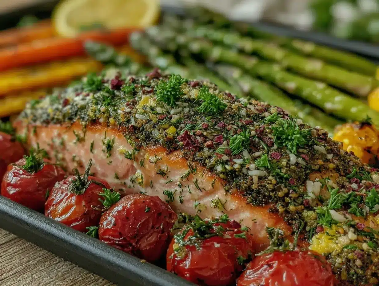 herbed salmon with sheet pan spring vegetables preparation steps