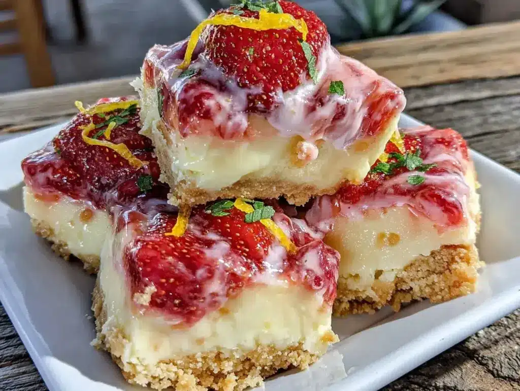 no-bake frozen strawberry lemonade cheesecake bars - featured image