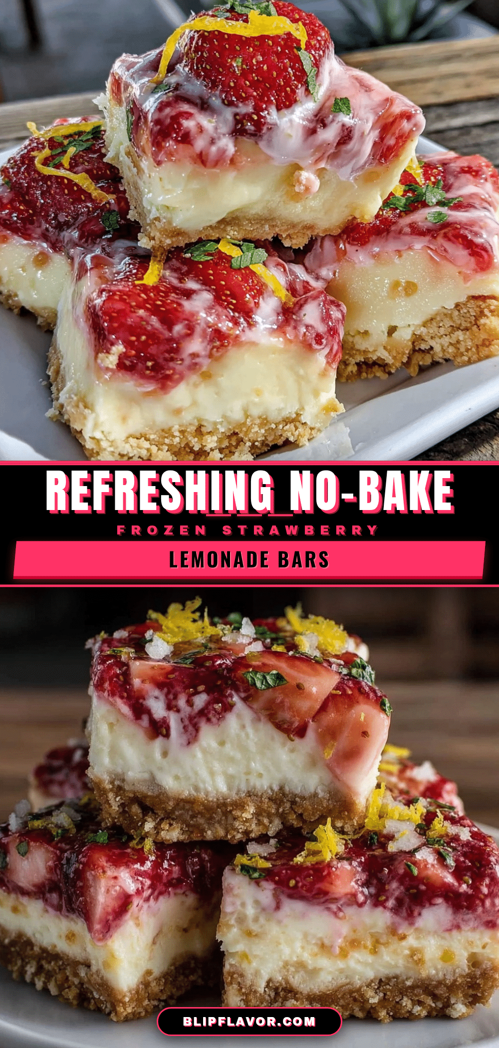 no-bake frozen strawberry lemonade cheesecake bars recipe