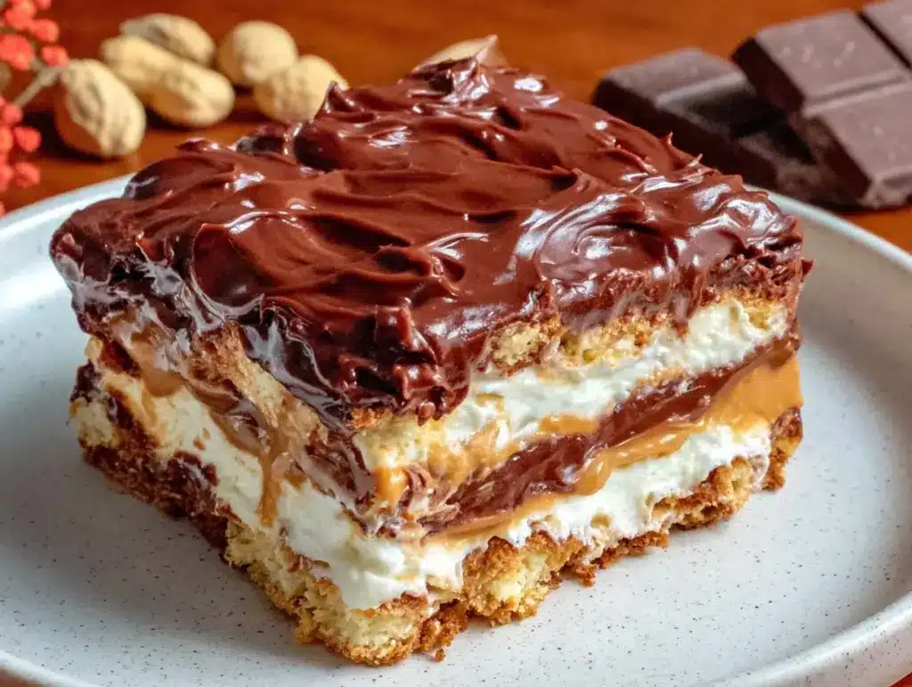 no bake peanut butter chocolate eclair cake - featured image