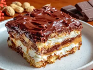 no bake peanut butter chocolate eclair cake - featured image