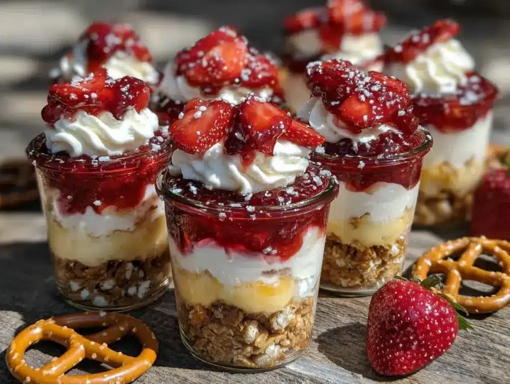 strawberry pretzel salad parfait cups - featured image